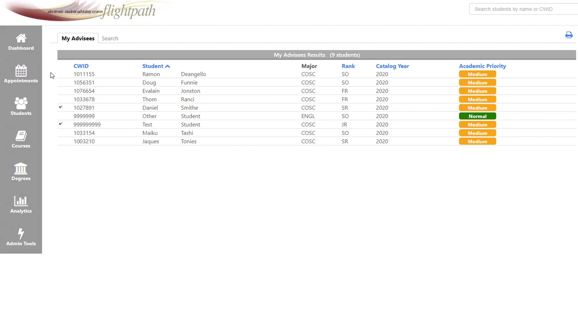 Finding a student in FlightPath