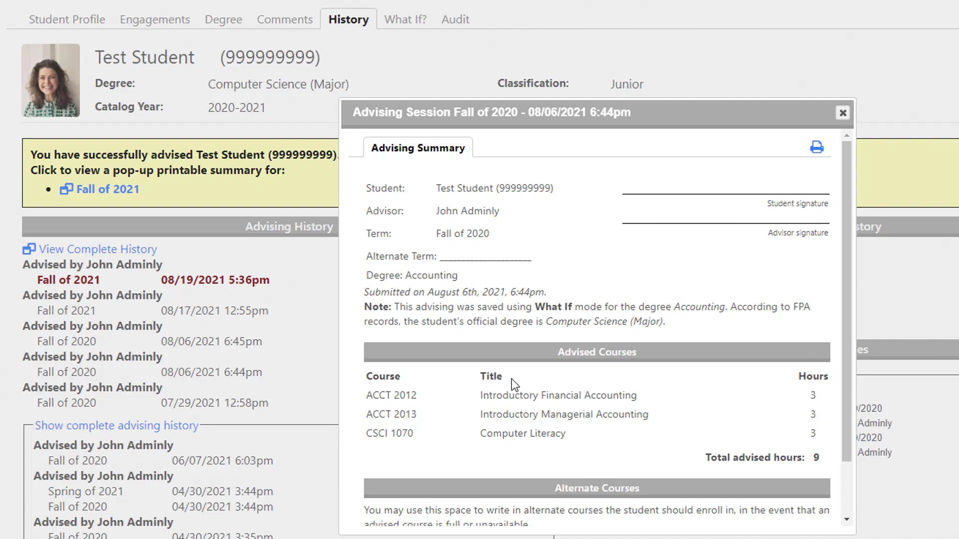 FlightPath advising history