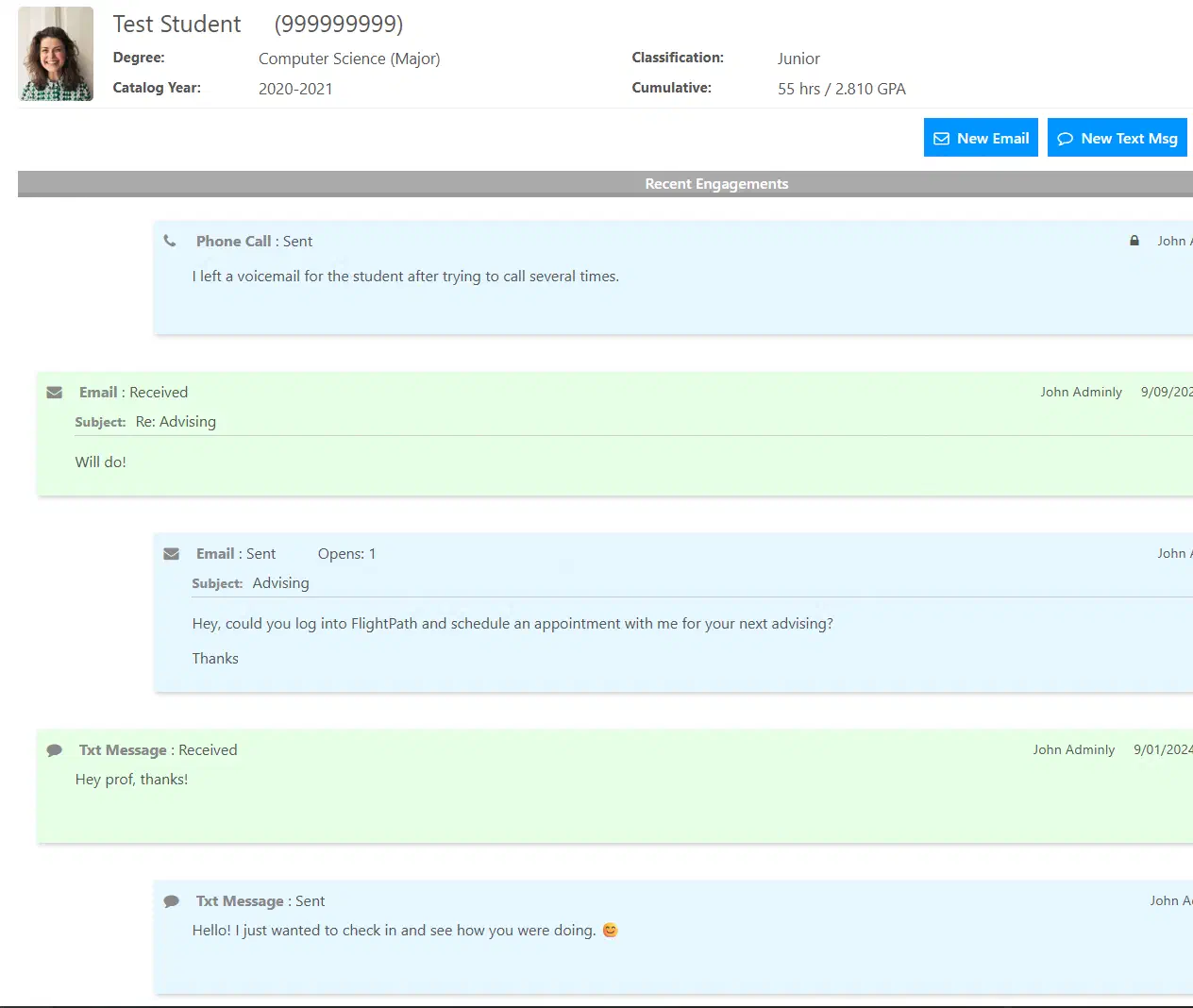 Engagements screen of FlightPath