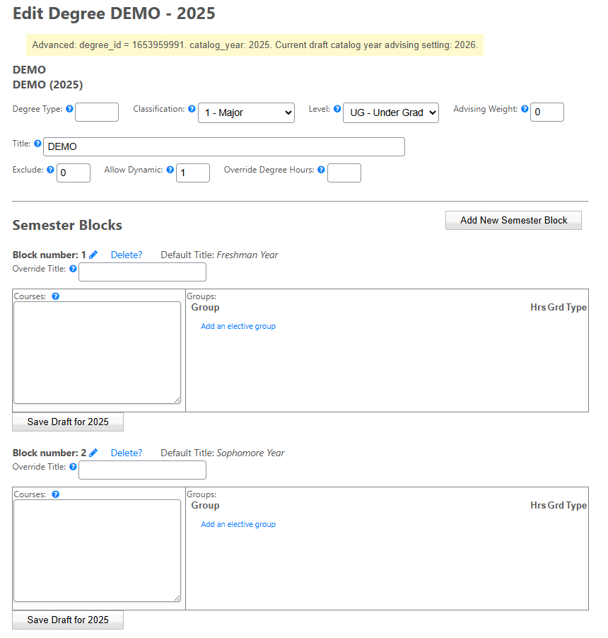 Degree plan editing screen