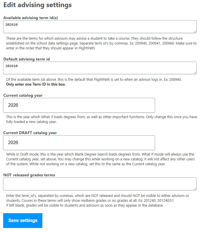 Advising settings