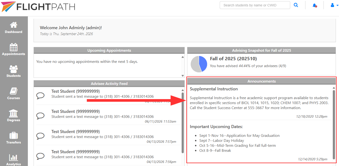 Announcement widget on dashboard